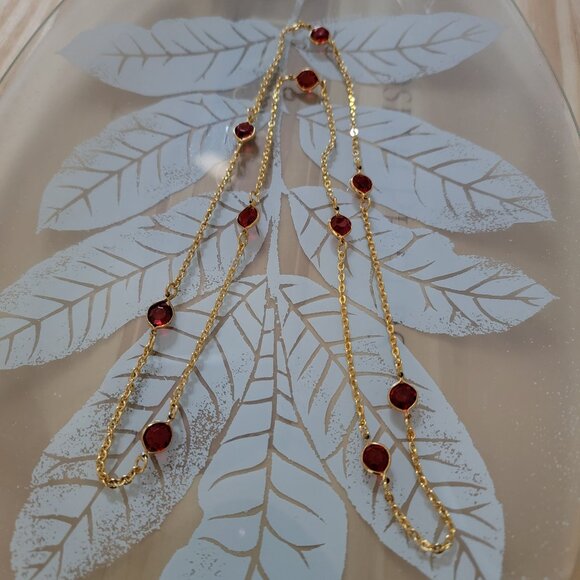 Gold Red Necklace, Ladybug Like Ruby Red Crystals, Lightweight Gold Tone - Picture 1 of 7